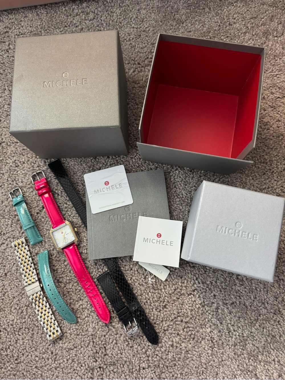 Michele Pink and Turquoise Interchangeable Strap Watch with Two-Tone Bracelet